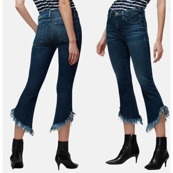 Frame Le Crop Mini Boot Jean US 26 Fringe Shredded Hem Blue Dark Wash Boho - Picture 13 of 14